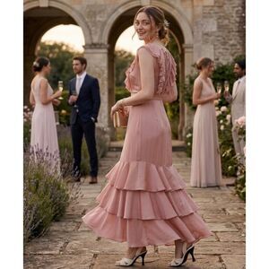 NWT Ted Baker Ashleih Ruffle Tiered Maxi Dress Sz 1 (US 4/Small)  Dusky Pink